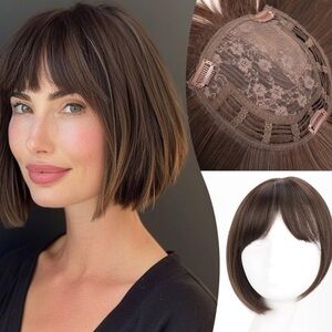 Civrie Hair Toppers for Women with Bangs Brown Short Bob Synthetic Hair Piece